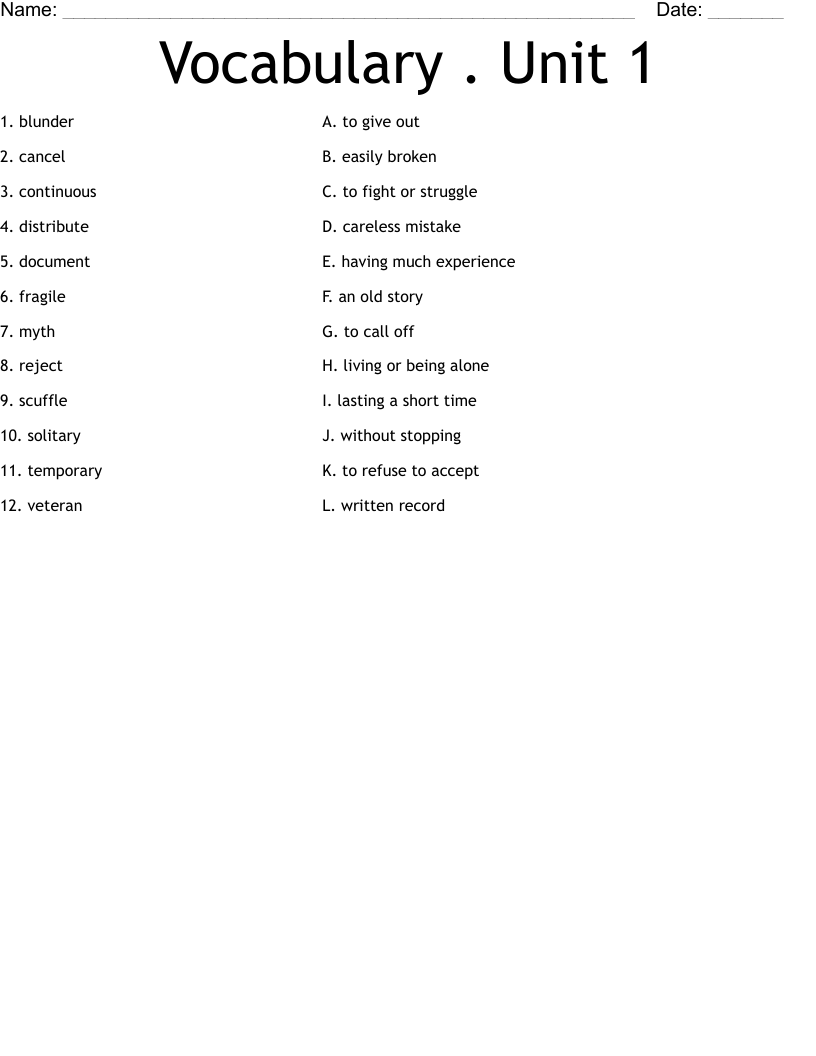 Vocabulary . Unit 1 Worksheet WordMint