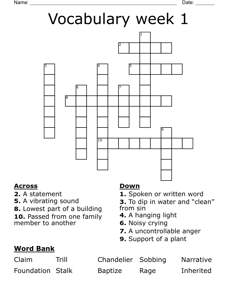 Vocabulary week 1 Crossword WordMint