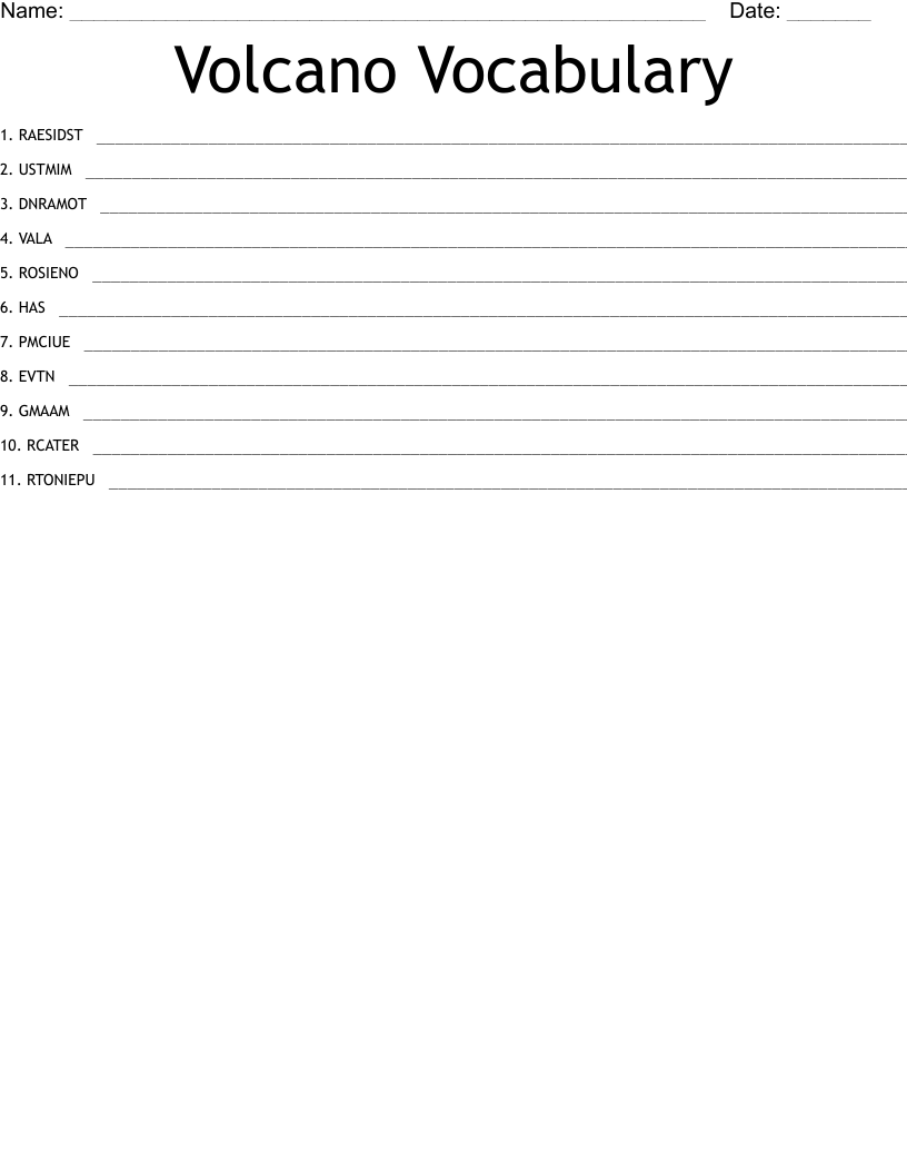 Volcano Vocabulary Word Scramble WordMint