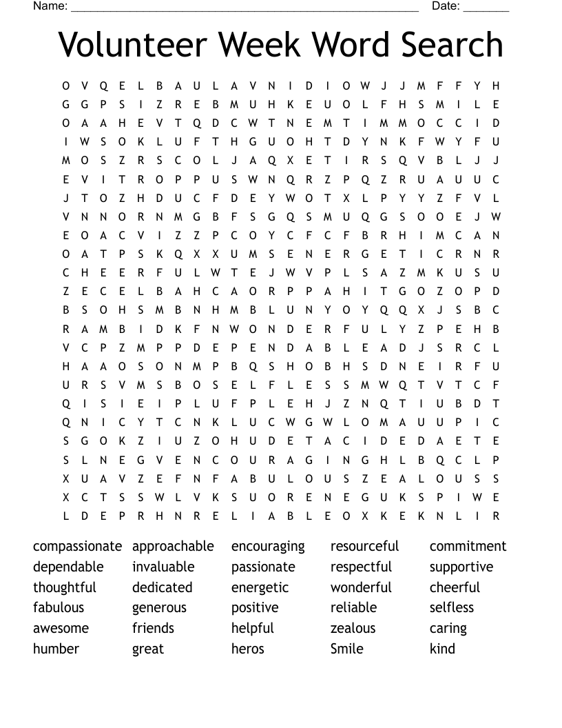 Volunteer Week Word Search - WordMint