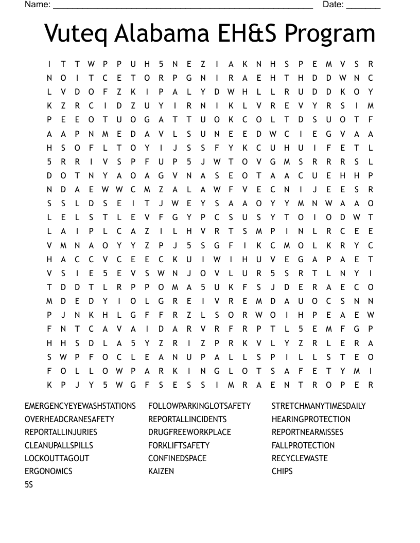 Vuteq Alabama EH&S Program Word Search WordMint