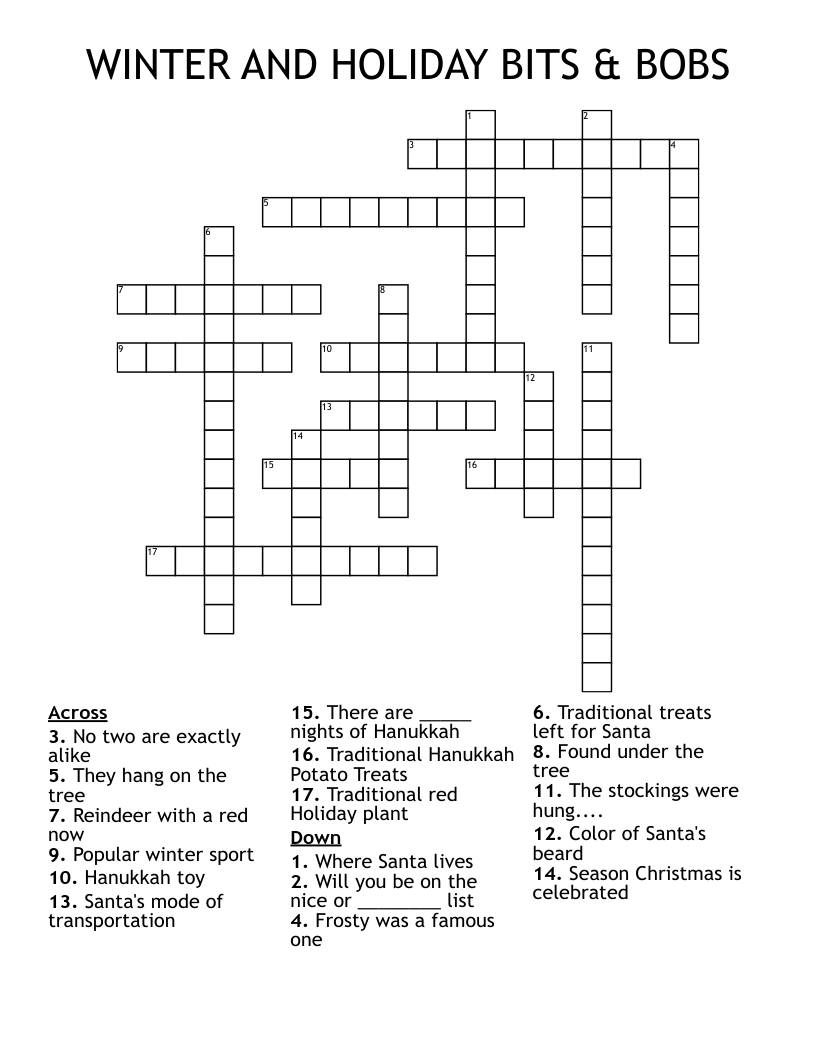 WINTER AND HOLIDAY BITS & BOBS Crossword WordMint