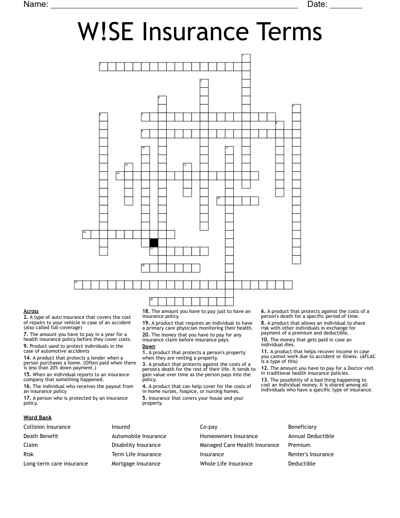 W!SE Insurance Terms Crossword WordMint
