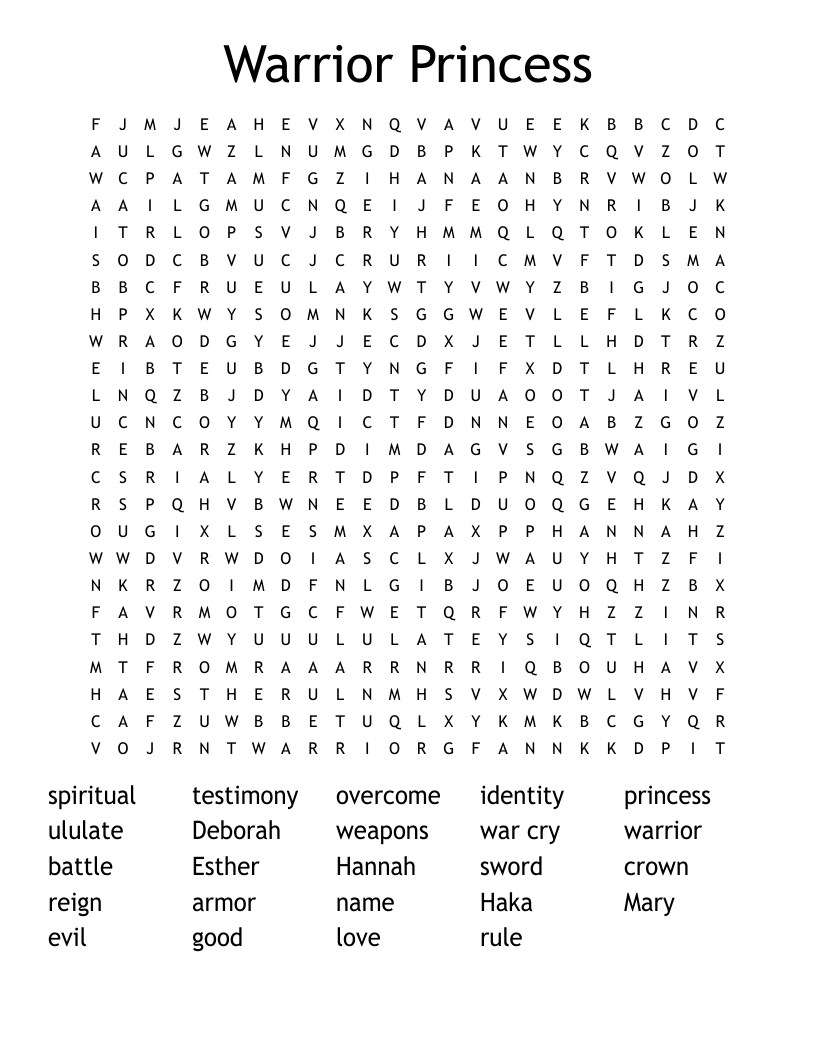 Warrior Princess Word Search WordMint