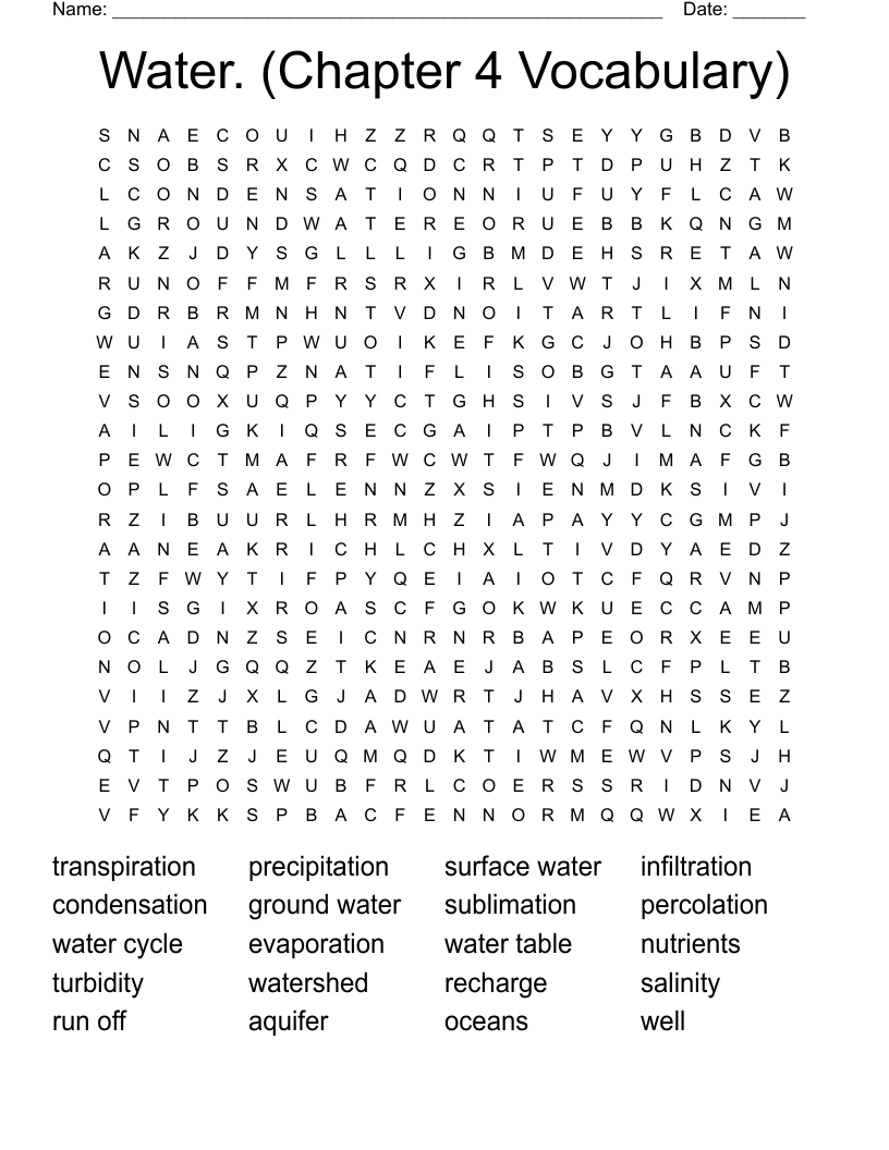 Water. (Chapter 4 Vocabulary) Word Search WordMint