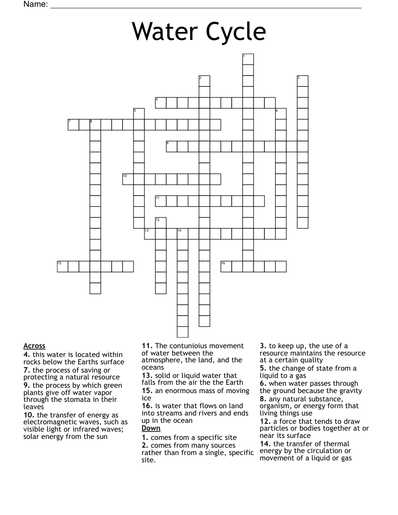 Water Cycle Crossword WordMint