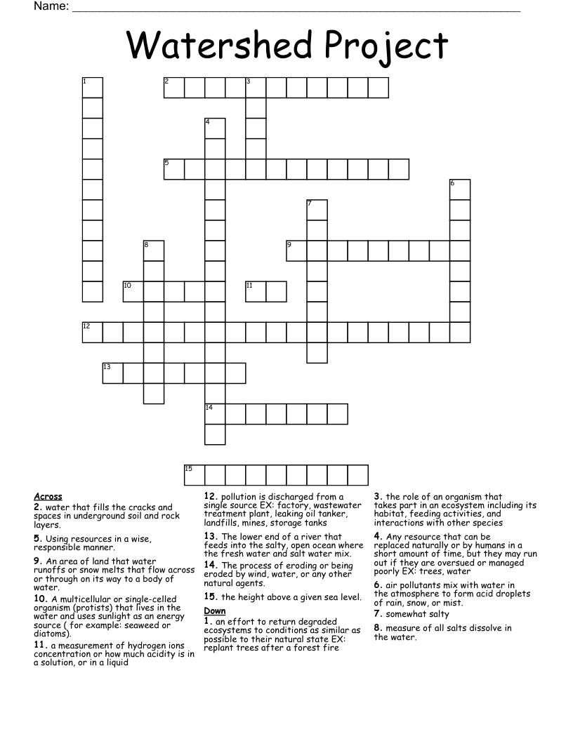 Watershed Project Crossword WordMint