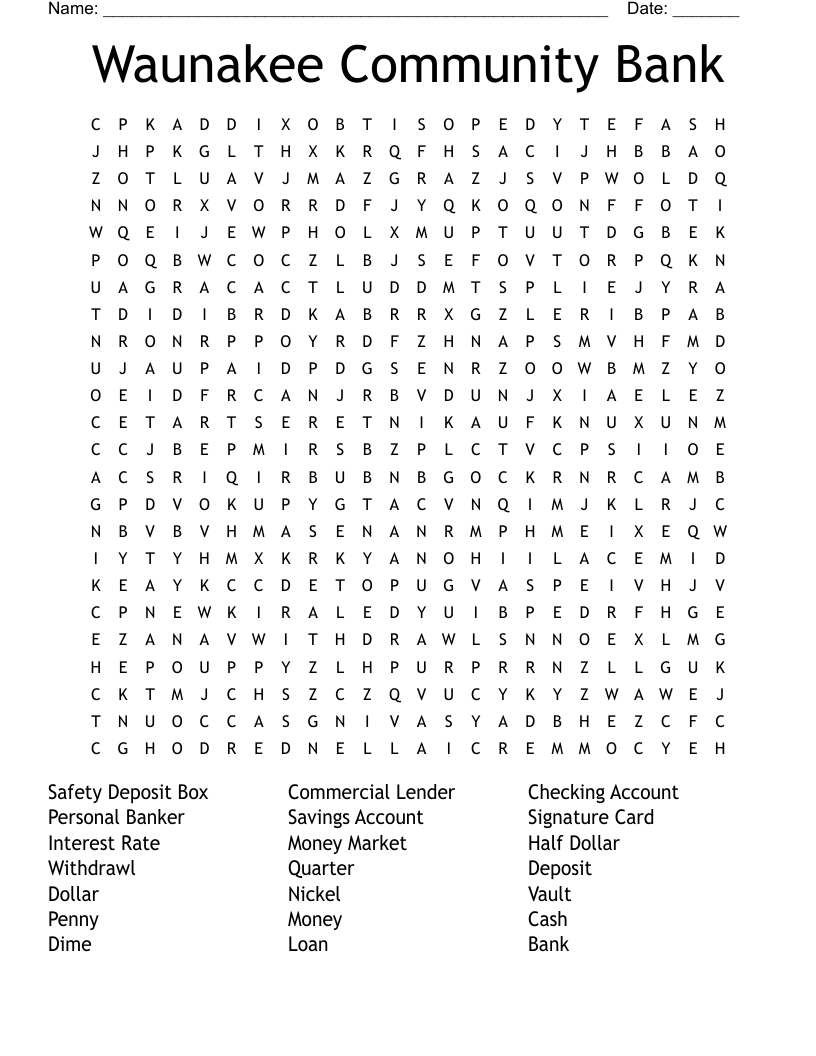 Waunakee Community Bank Word Search WordMint