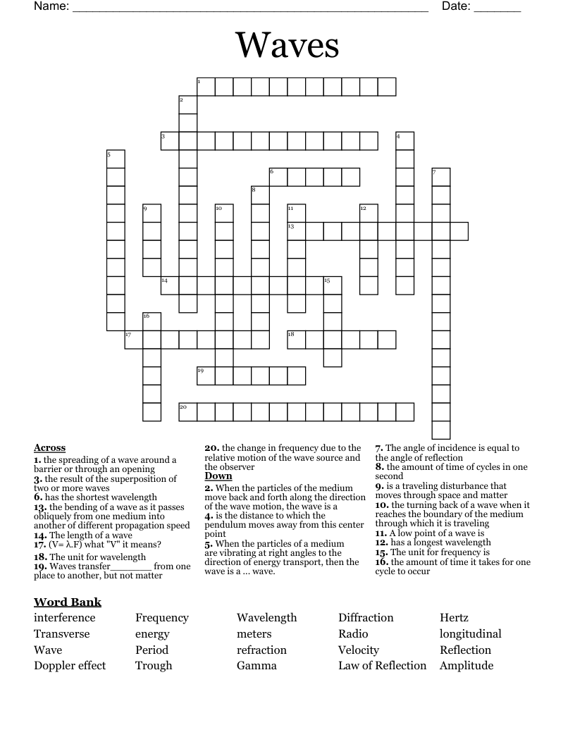 Waves Unit Vocabulary words Crossword WordMint