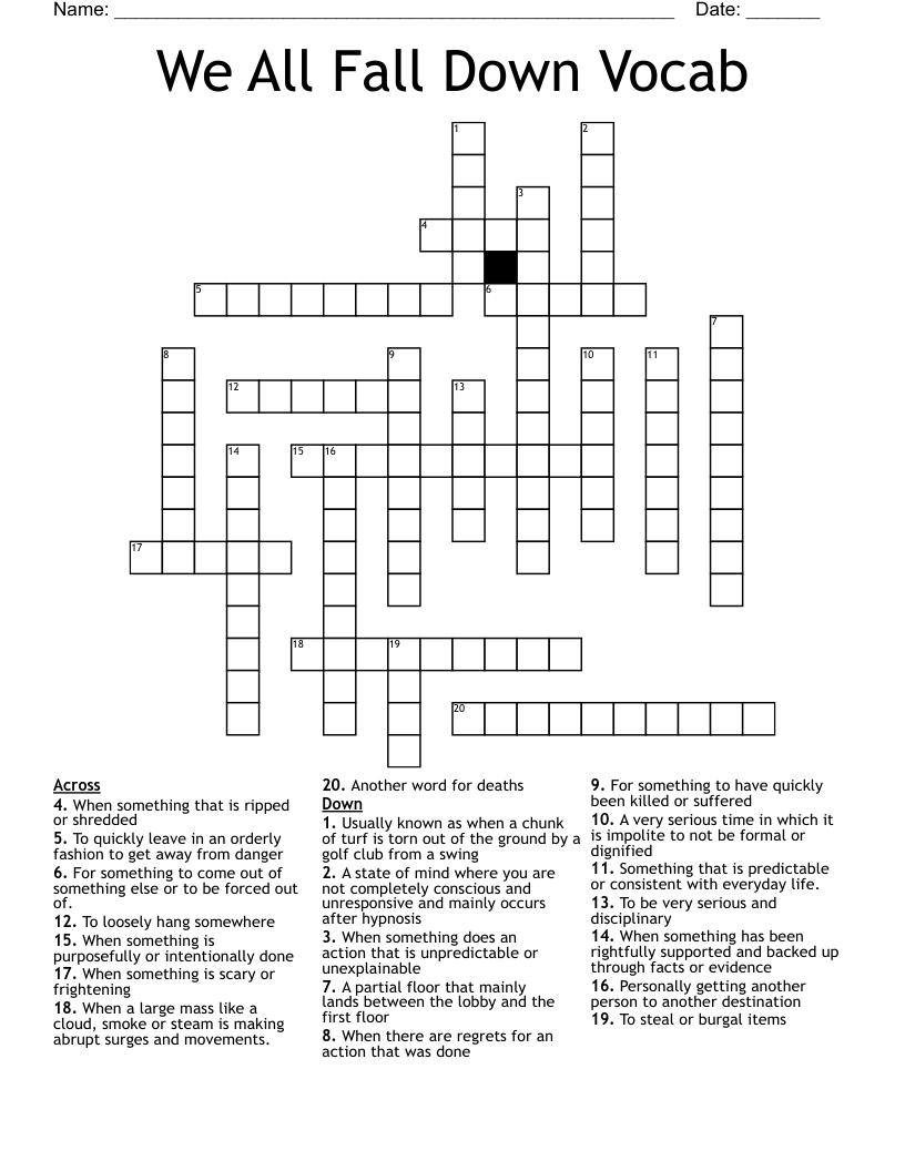 We All Fall Down Vocab Crossword WordMint