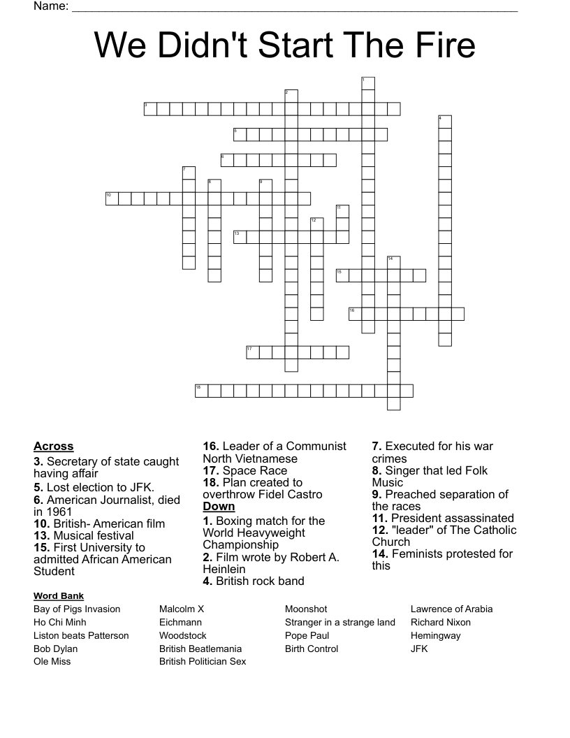 We Didn't Start The Fire Crossword WordMint