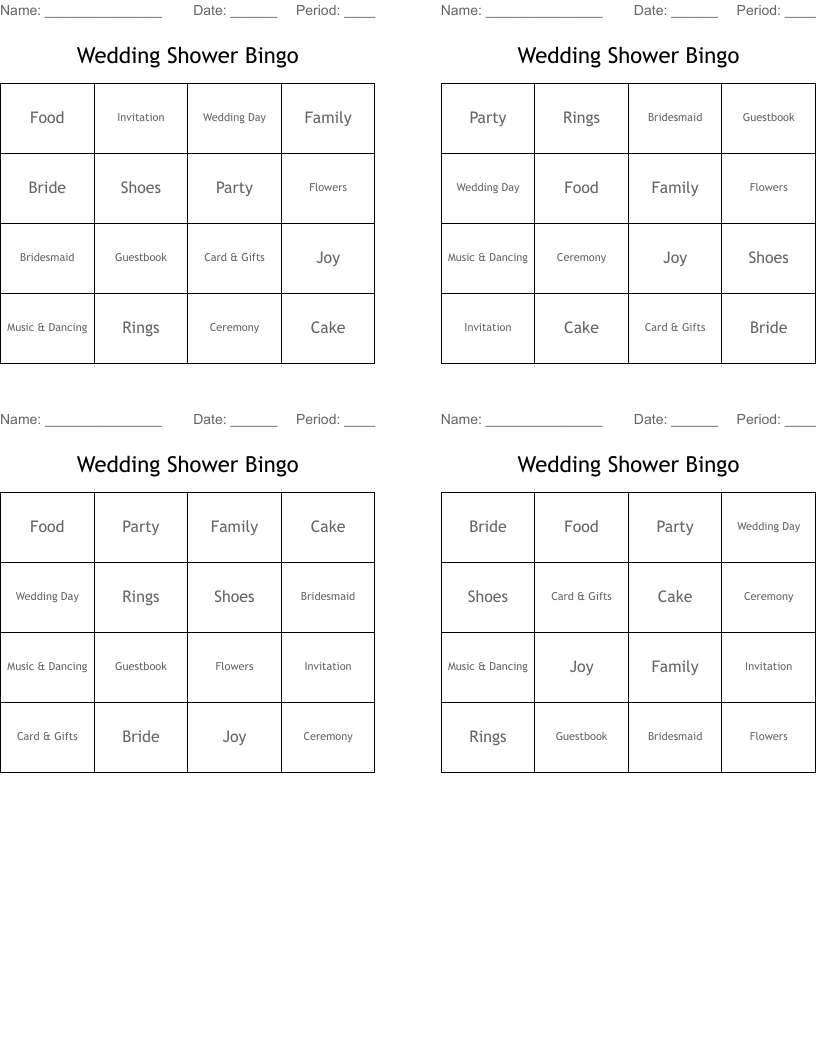 Wedding Shower Bingo WordMint
