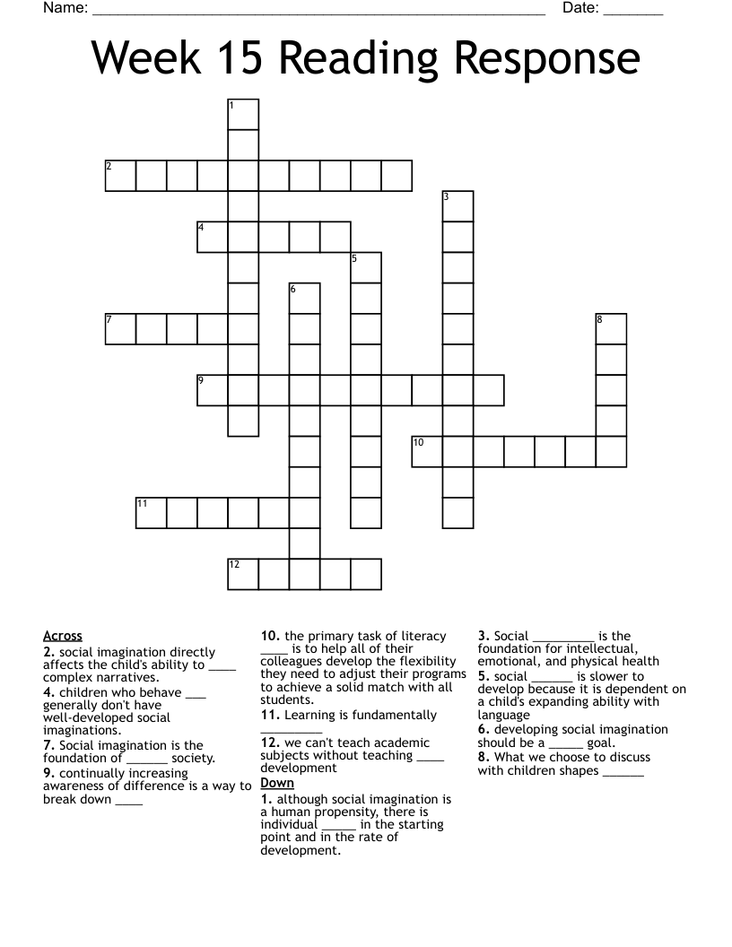 Week 15 Reading Response Crossword WordMint