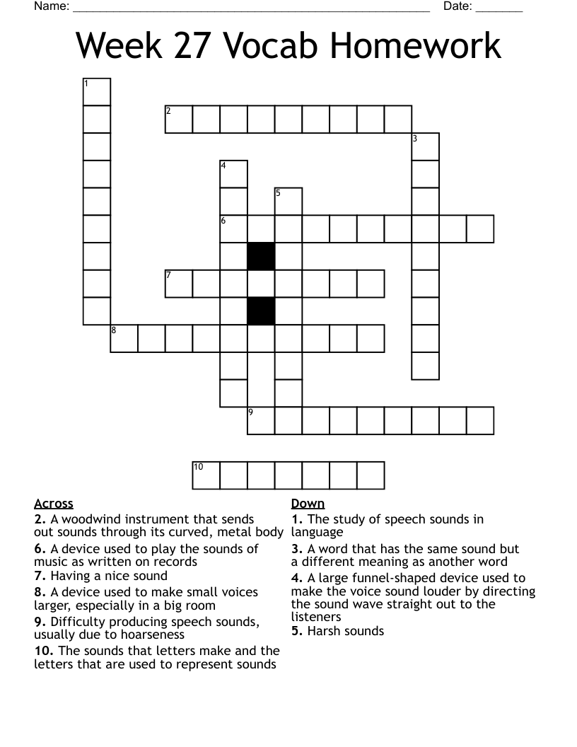 Week 27 Vocab Homework Crossword WordMint