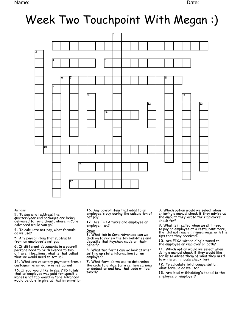 Week Two Touchpoint With Megan ) Crossword WordMint