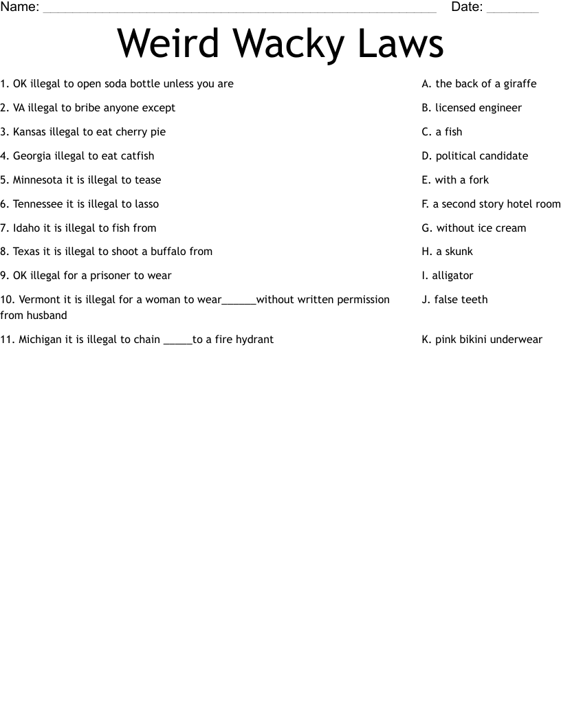 Weird Wacky Laws Worksheet WordMint