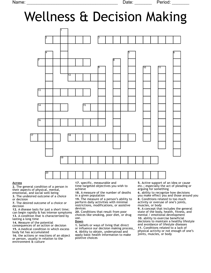 Wellness & Decision Making Crossword WordMint