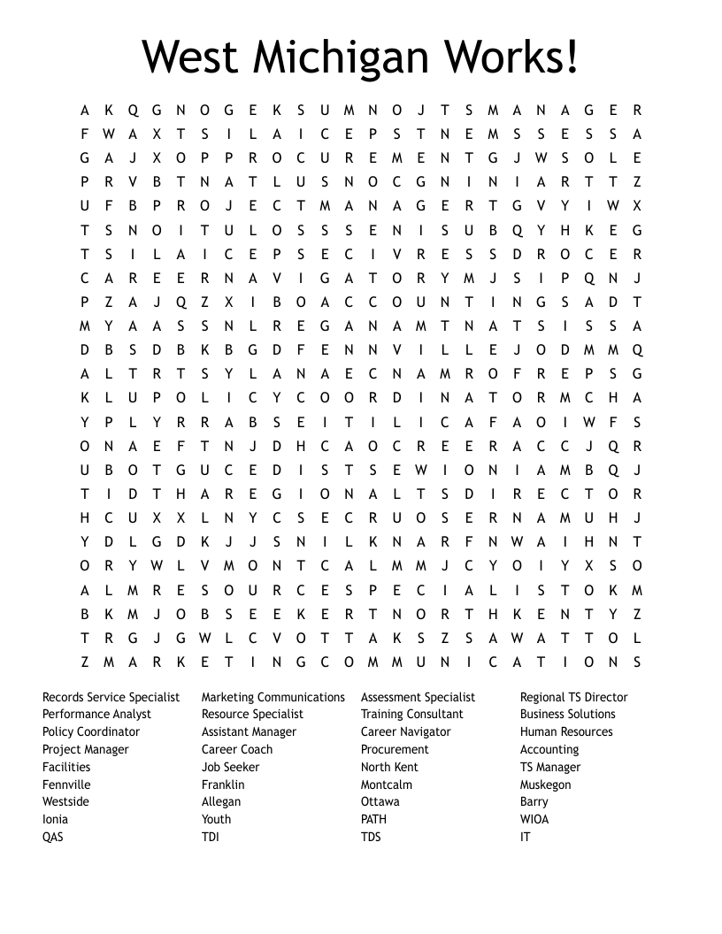 West Michigan Works! Word Search WordMint