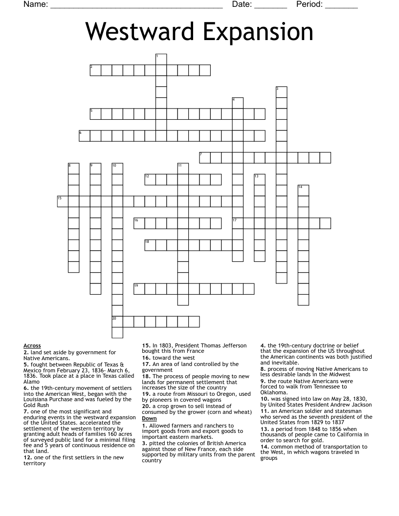 Westward Expansion Crossword WordMint