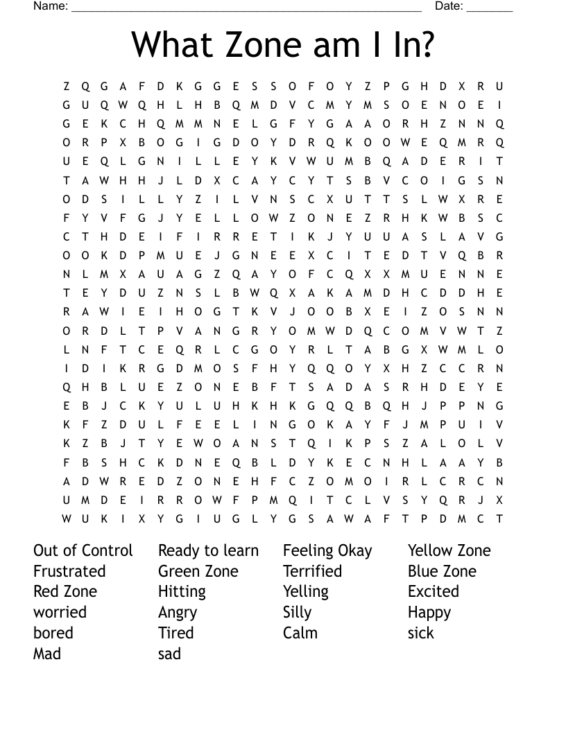 Zones of Regulation Word Search WordMint