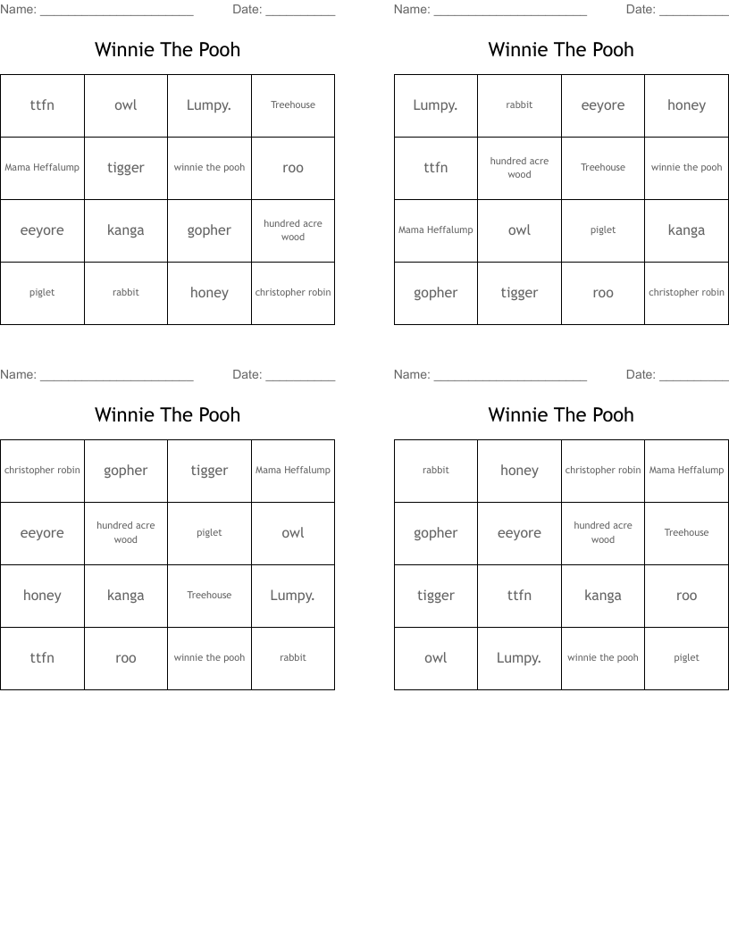 Winnie The Pooh Bingo Cards WordMint