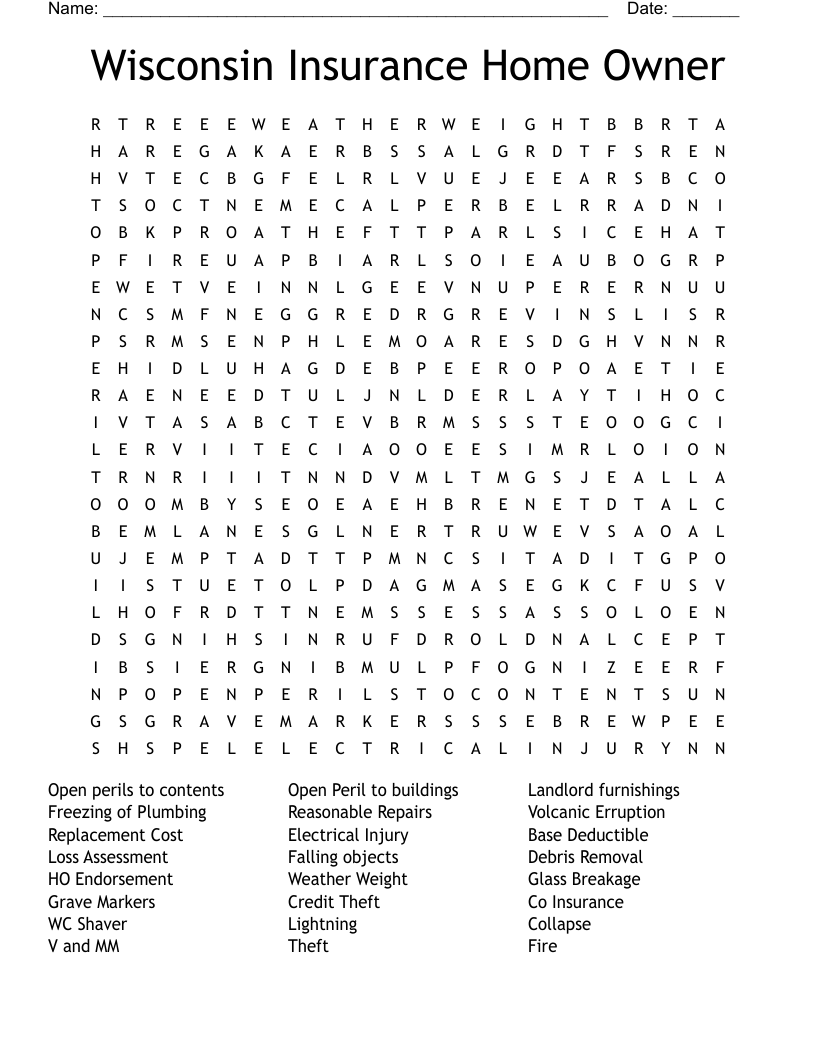 Wisconsin Insurance Home Owner Word Search WordMint