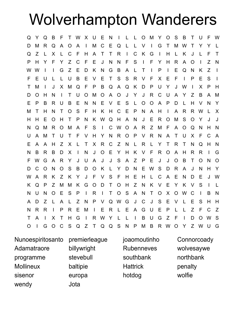 Wolverhampton Wanderers Word Search WordMint