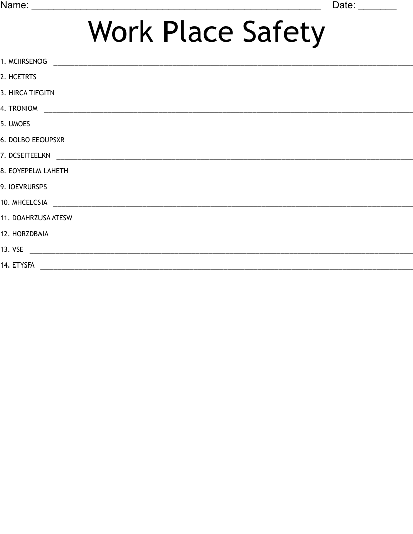 Work Place Safety Word Scramble WordMint