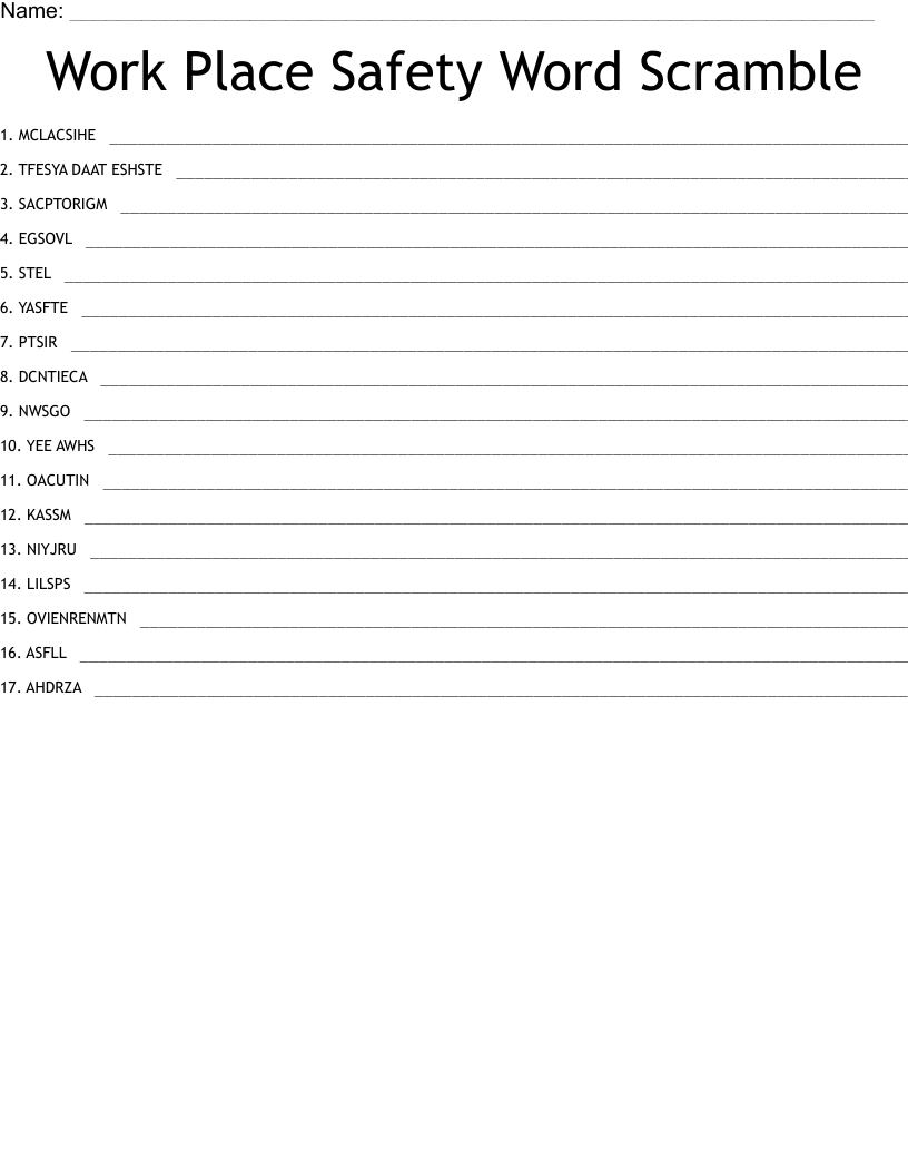 Work Place Safety Word Scramble WordMint