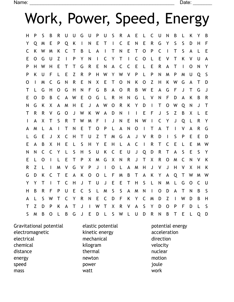 Work, Power, Speed, Energy Word Search WordMint