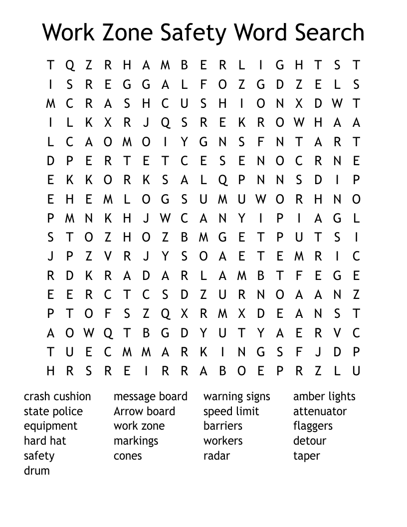 Work Zone Safety Word Search WordMint