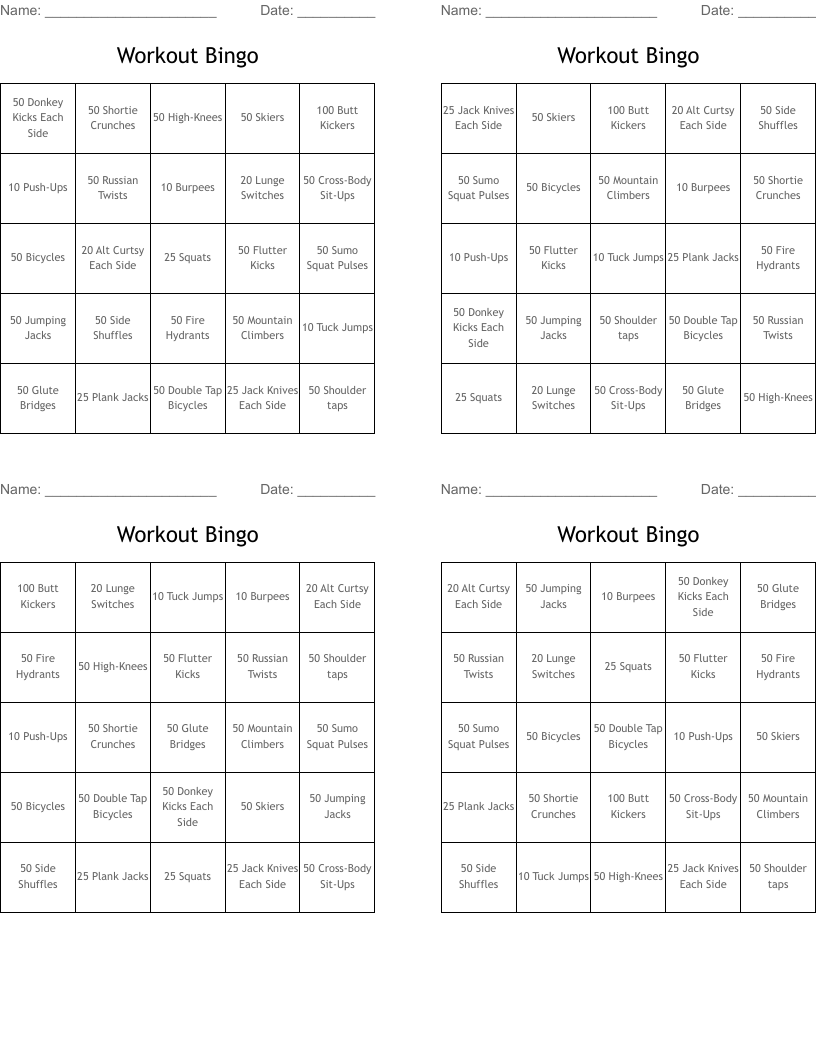 Workout Bingo WordMint