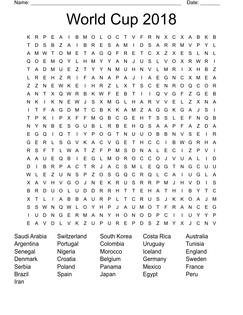 World Cup 2018 Word Search WordMint