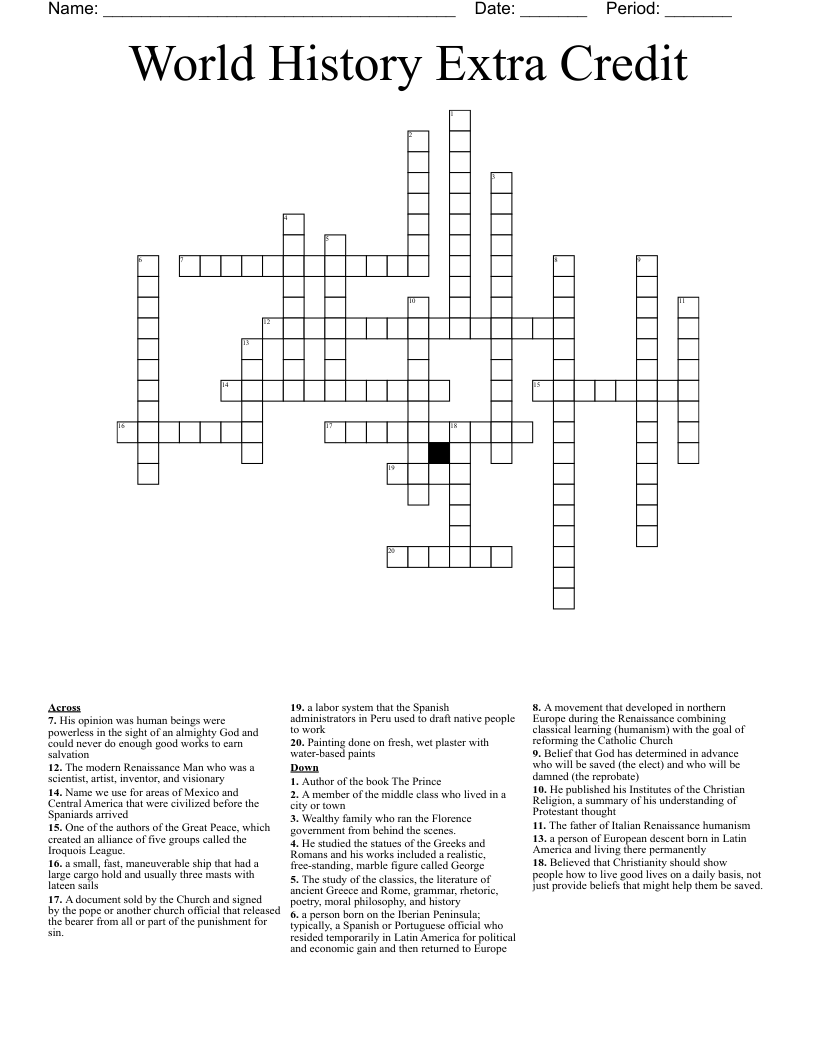 World History Extra Credit Crossword WordMint