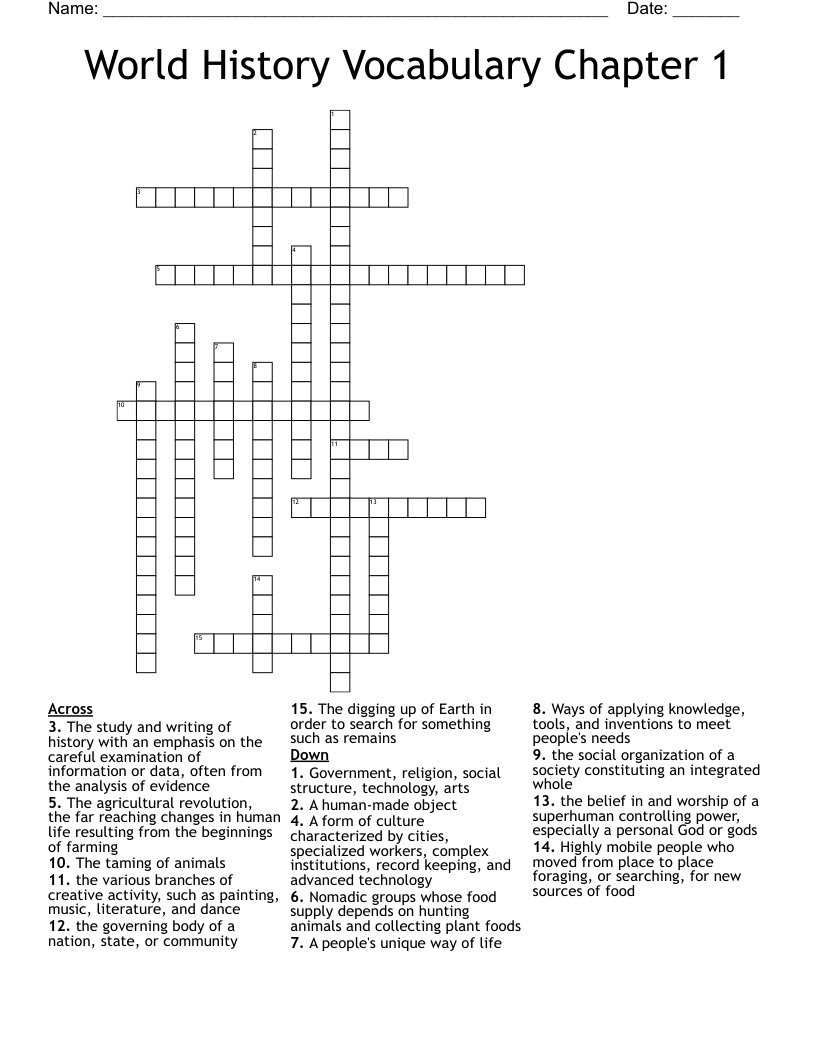World History Vocabulary Chapter 1 Crossword WordMint