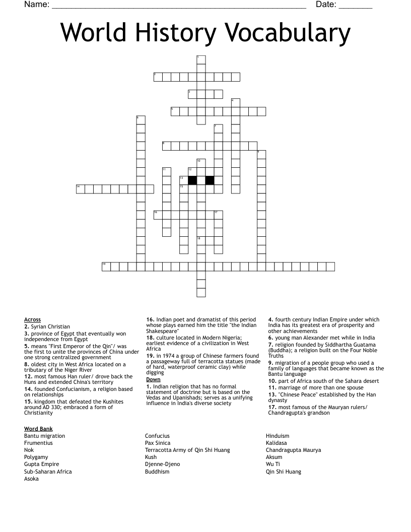 World History Vocabulary Crossword WordMint