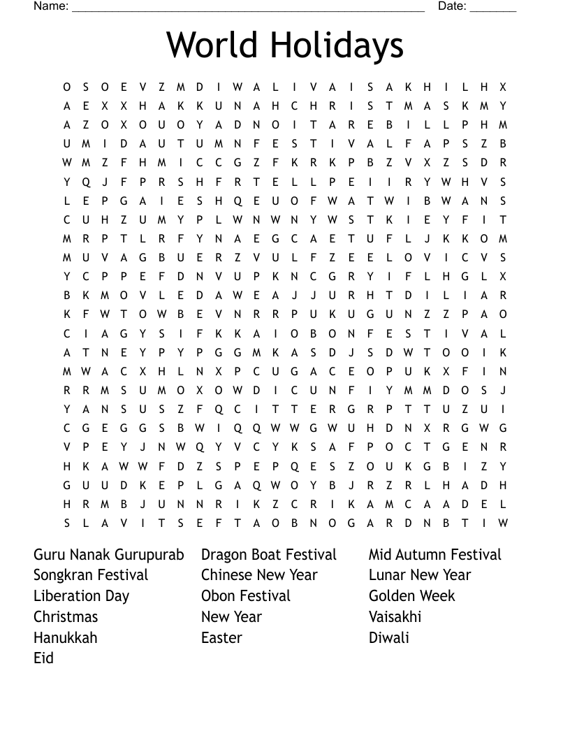 World Holidays Word Search WordMint