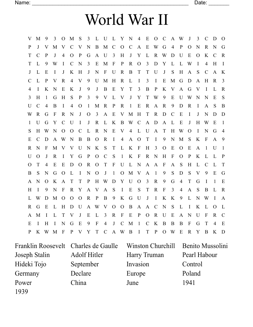 World War II Word Search WordMint