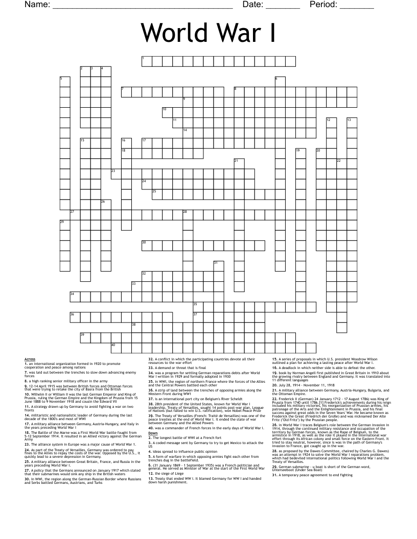 World War I Crossword WordMint