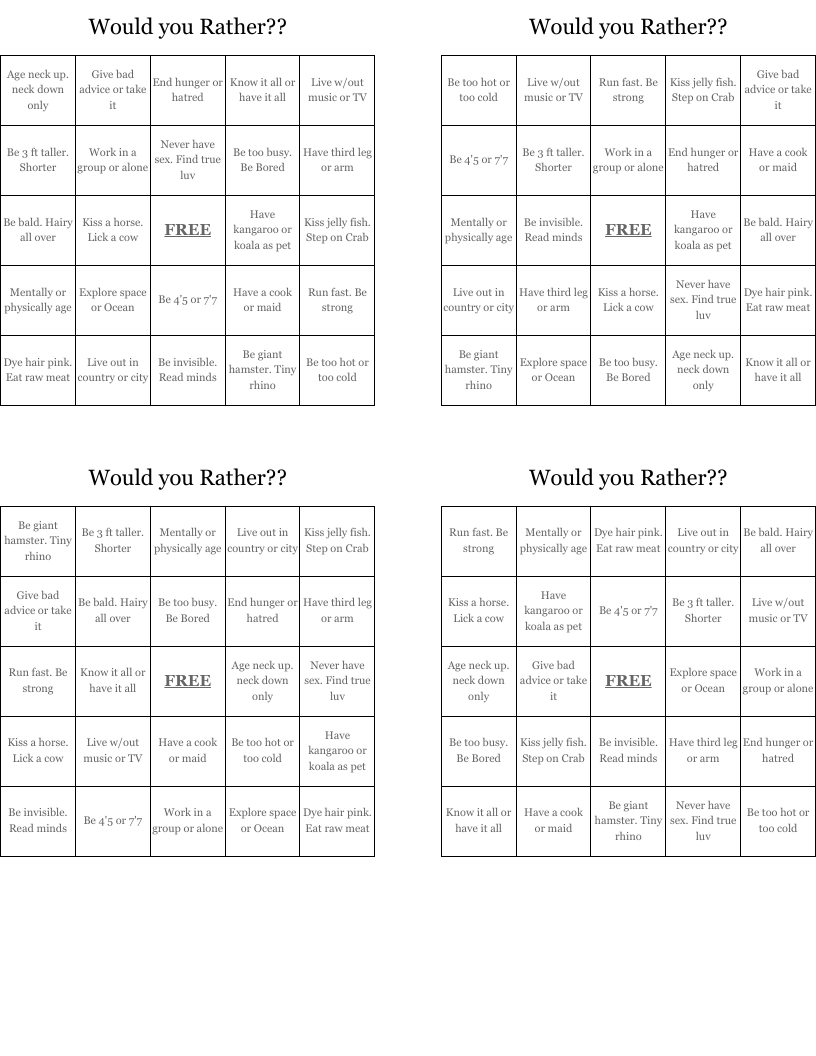 Would you Rather?? Bingo Cards WordMint