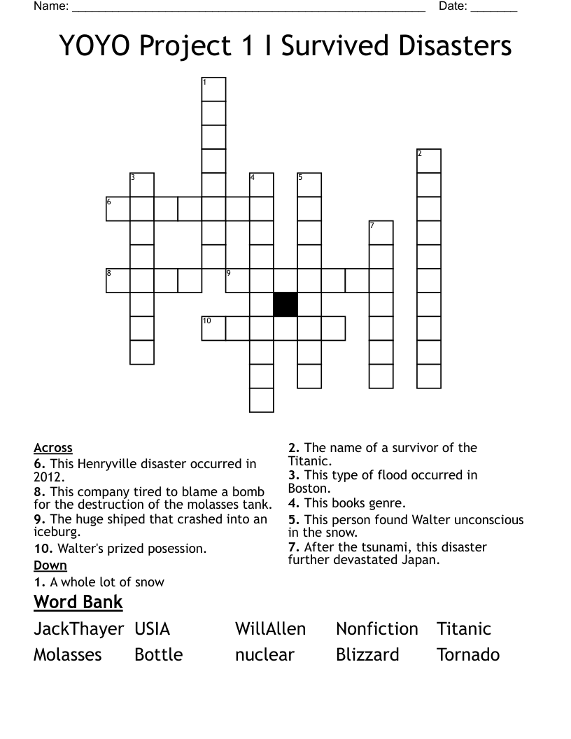 YOYO Project 1 I Survived Disasters Crossword WordMint