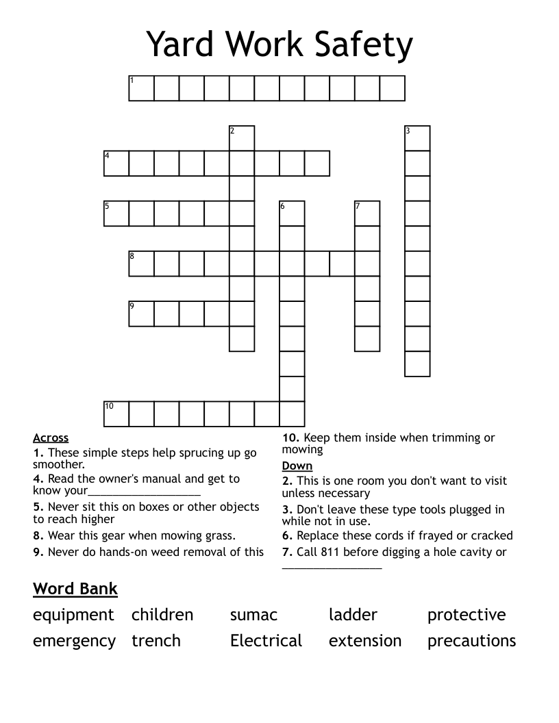Yard Work Safety Crossword WordMint