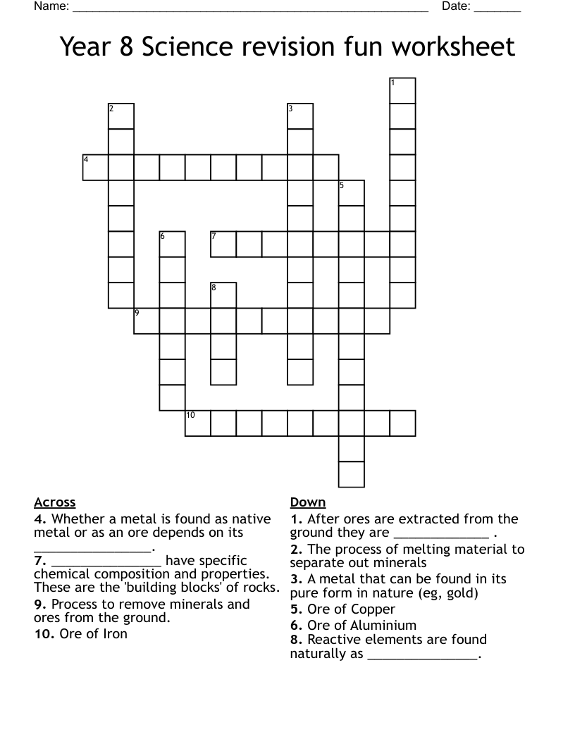 Year 8 Science revision fun worksheet Crossword WordMint