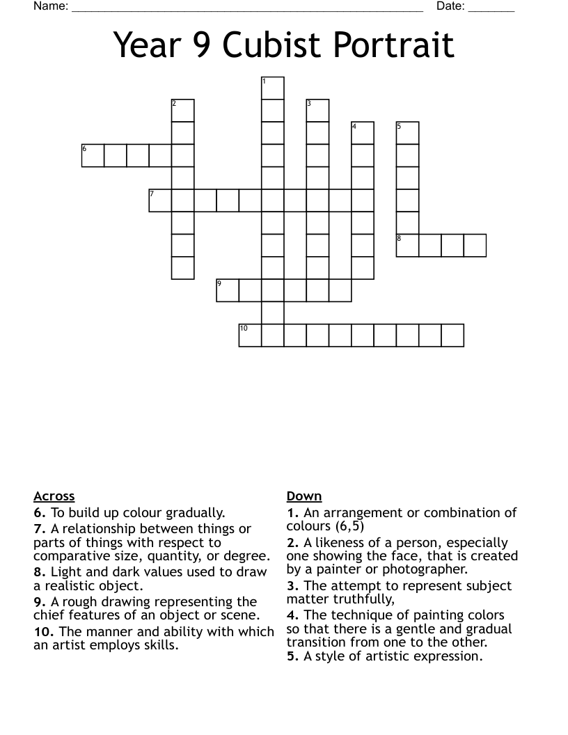 Year 9 Cubist Portrait Crossword WordMint