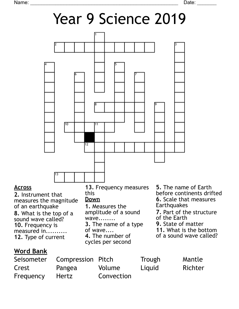 Year 9 Science 2019 Crossword WordMint