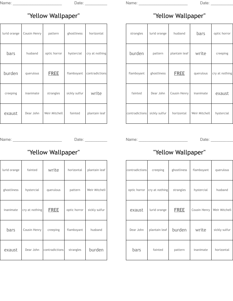 "Yellow Wallpaper" Bingo Cards WordMint