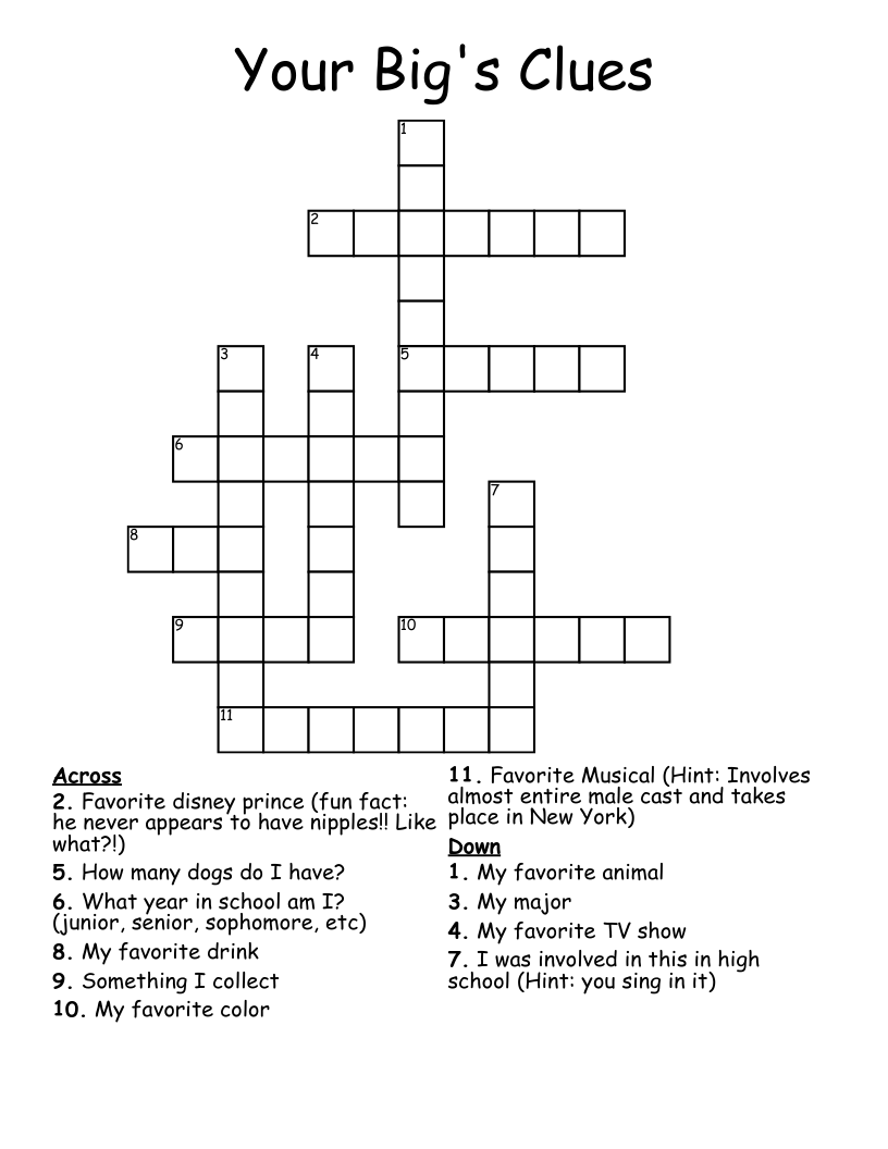 Your Big's Clues Crossword WordMint
