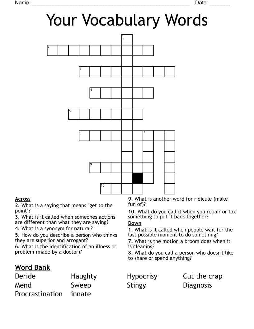 Your Vocabulary Words Crossword WordMint
