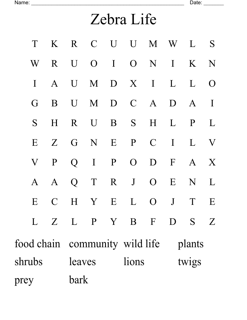 Zebra Life Word Search WordMint