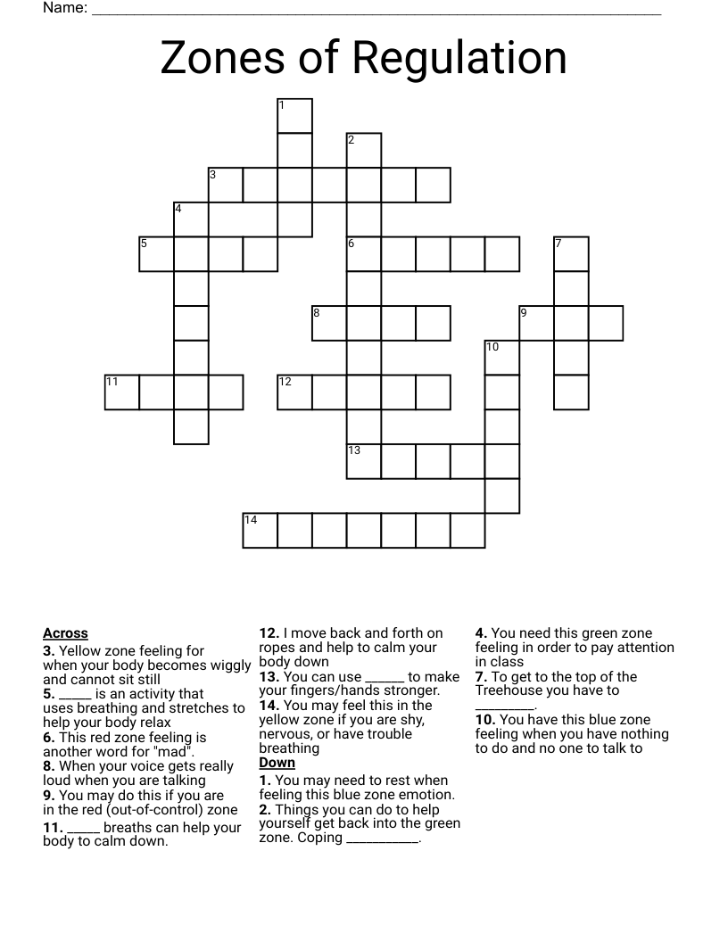 Zones of Regulation Crossword WordMint